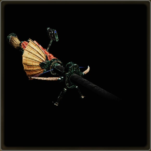 A close-up of a weapon in Monster Hunter Wilds against a black background.