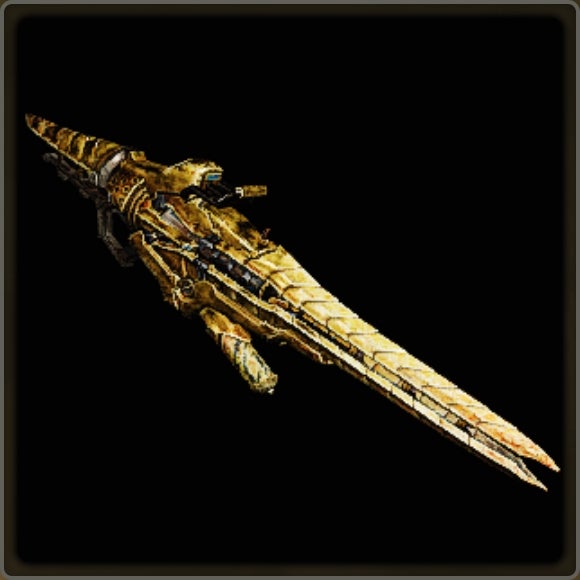 A close-up of a weapon in Monster Hunter Wilds against a black background.