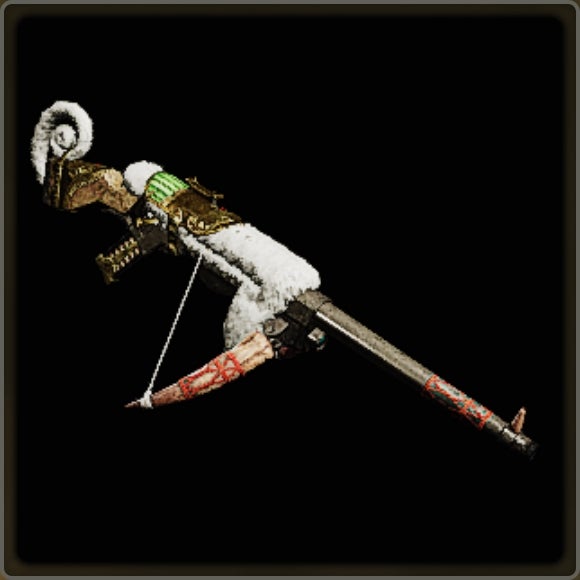 A close-up of a weapon in Monster Hunter Wilds against a black background.