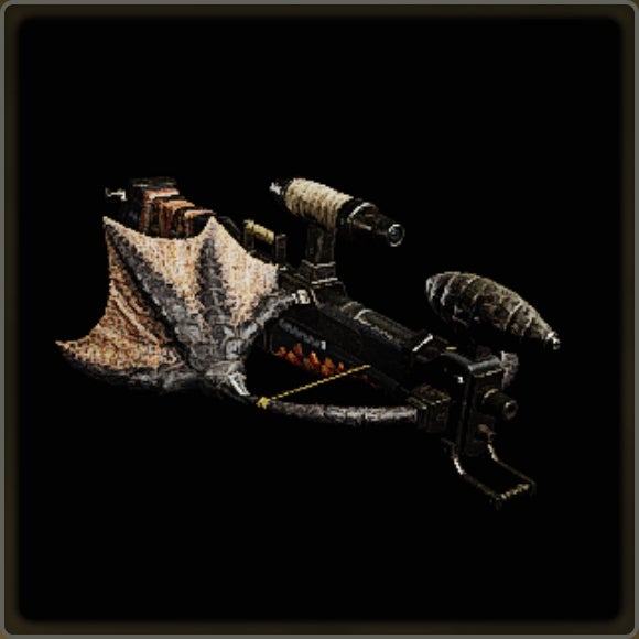 A close-up of a weapon in Monster Hunter Wilds against a black background.
