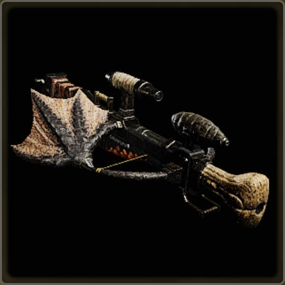 A close-up of a weapon in Monster Hunter Wilds against a black background.