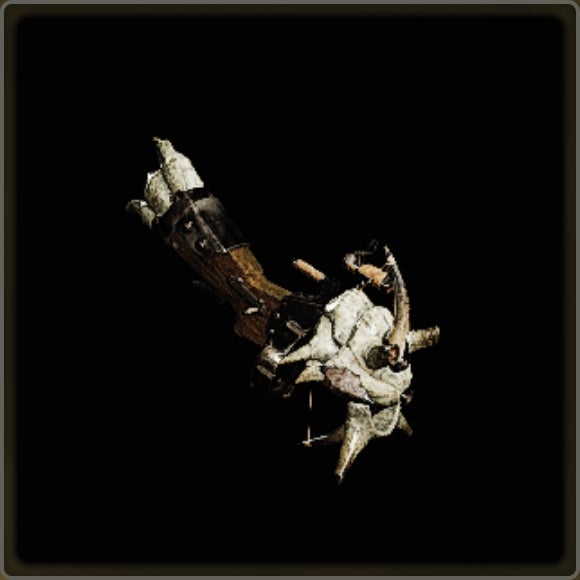 A close-up of a weapon in Monster Hunter Wilds against a black background.
