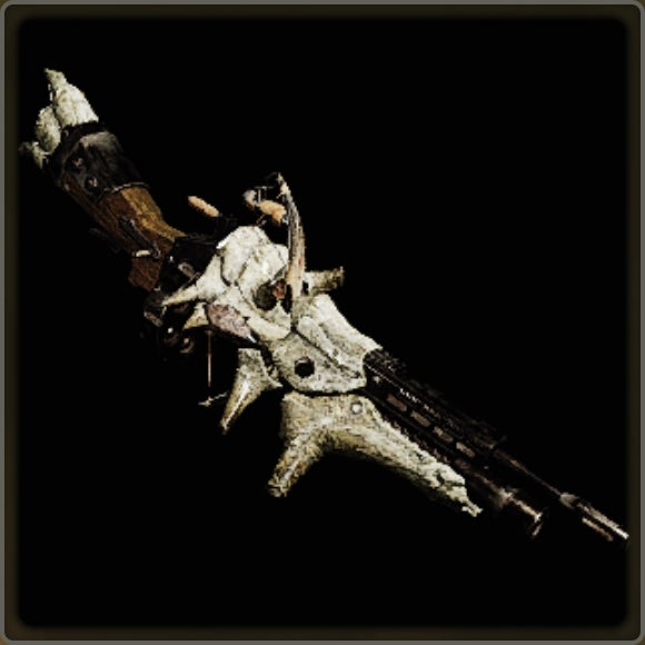 A close-up of a weapon in Monster Hunter Wilds against a black background.