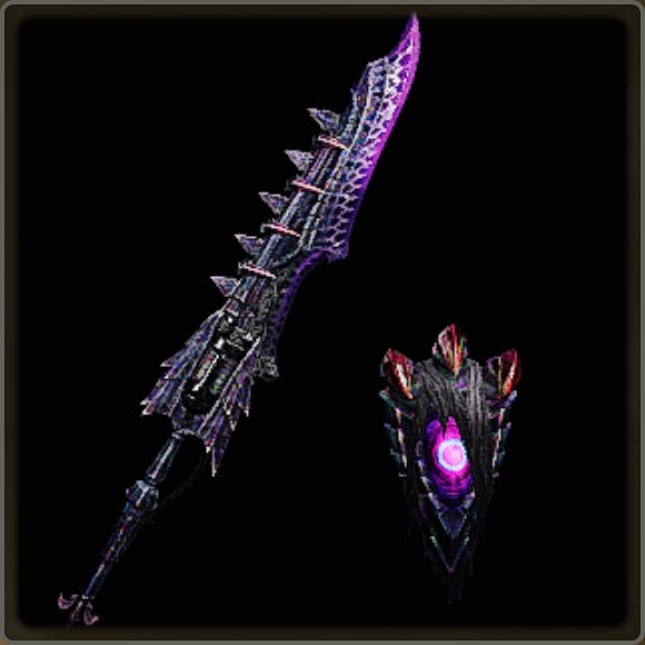 A close-up of a weapon in Monster Hunter Wilds against a black background. - 21