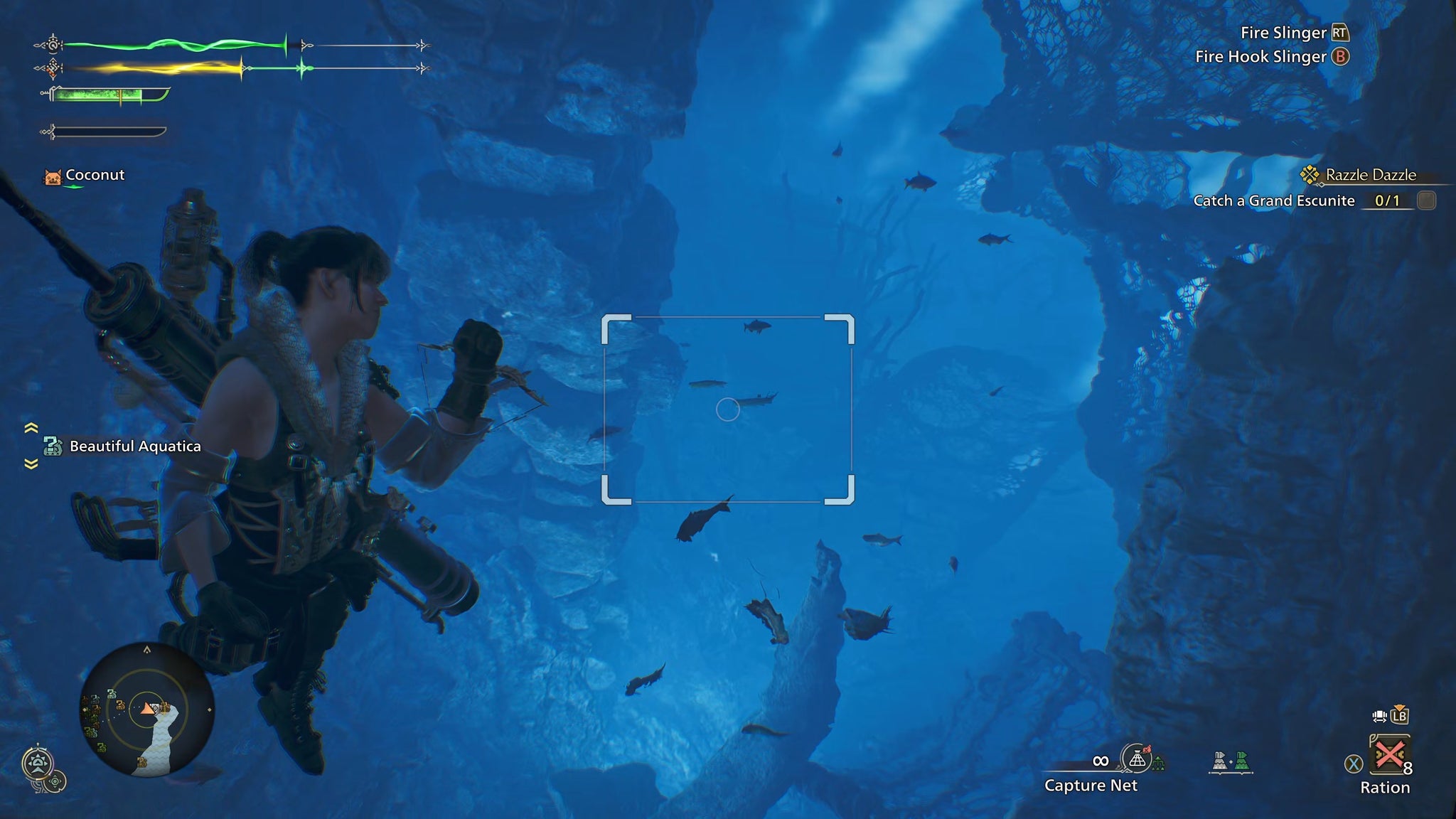 The hunter player in Monster Hunter Wilds swims underwater in a cave lake filled with fish, using their Capture Net to catch fish as they swim. - 5