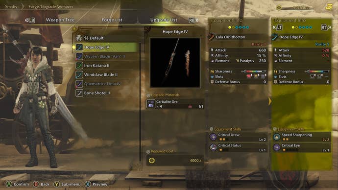 The Upgrade List part of the Smithy Menu in Monster Hunter Wilds.