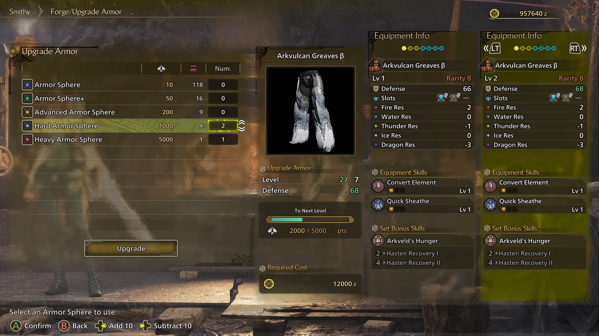 The Armor upgrade screen in Monster Hunter Wilds, with the playing inputting a number of Armor Spheres in order to upgrade a pair of Arkvulcan Greaves. - 4