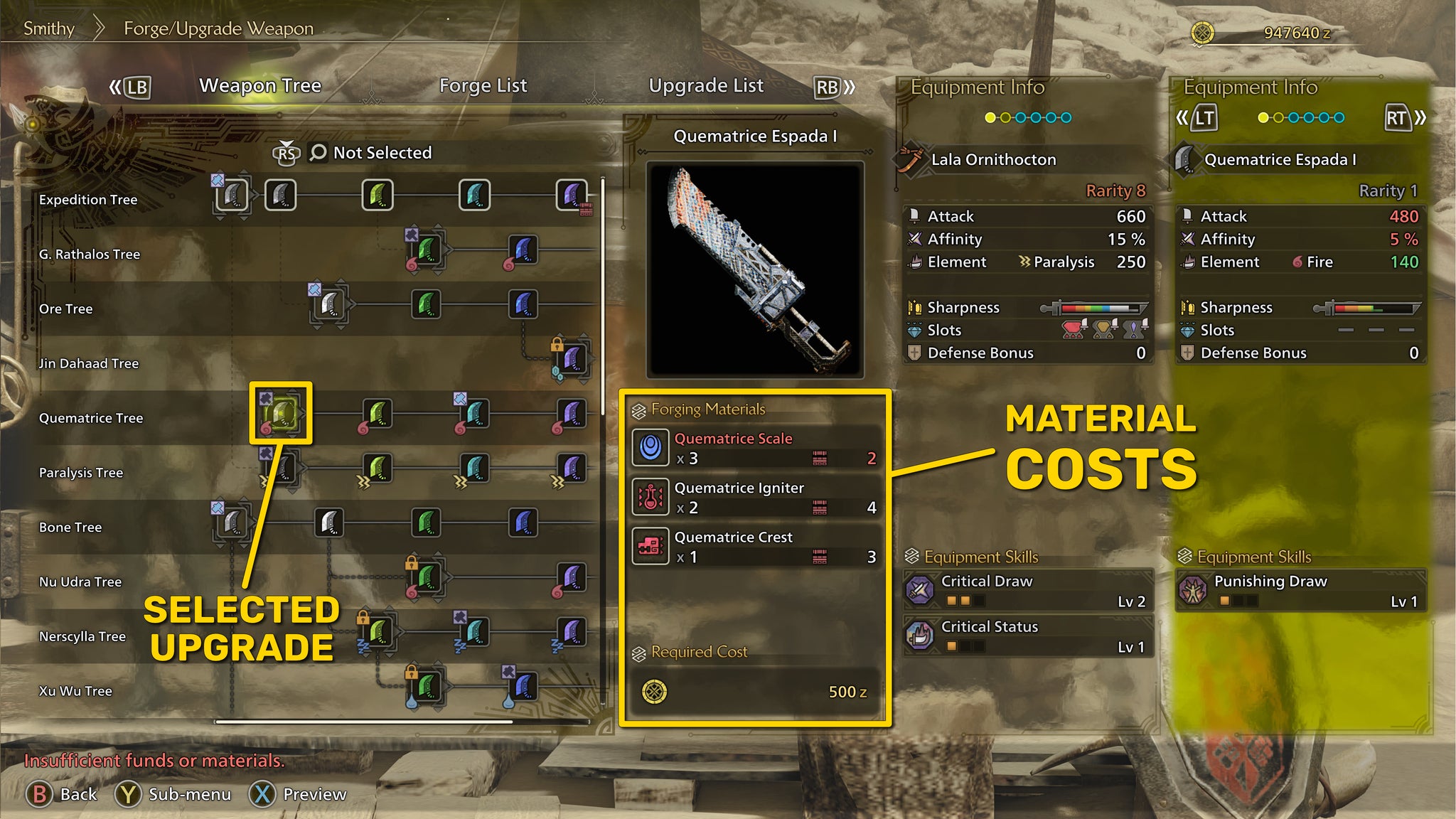 The weapon forging and upgrade screen in Monster Hunter Wilds, with the selected weapon upgrade in the tree and the material costs both highlighted in yellow. - 5