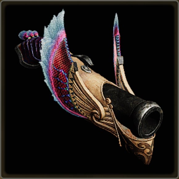 A close-up of a weapon in Monster Hunter Wilds against a black background. - 13