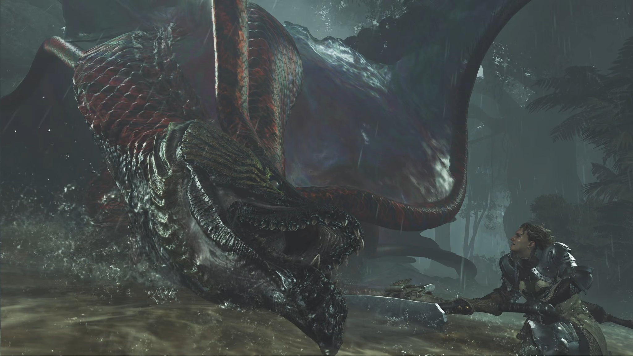 Uth Duna, a large monster in Monster Hunter Wilds, faces off against Olivia, an NPC hunter. - 10