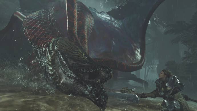 Uth Duna, a large monster in Monster Hunter Wilds, faces off against Olivia, an NPC hunter.