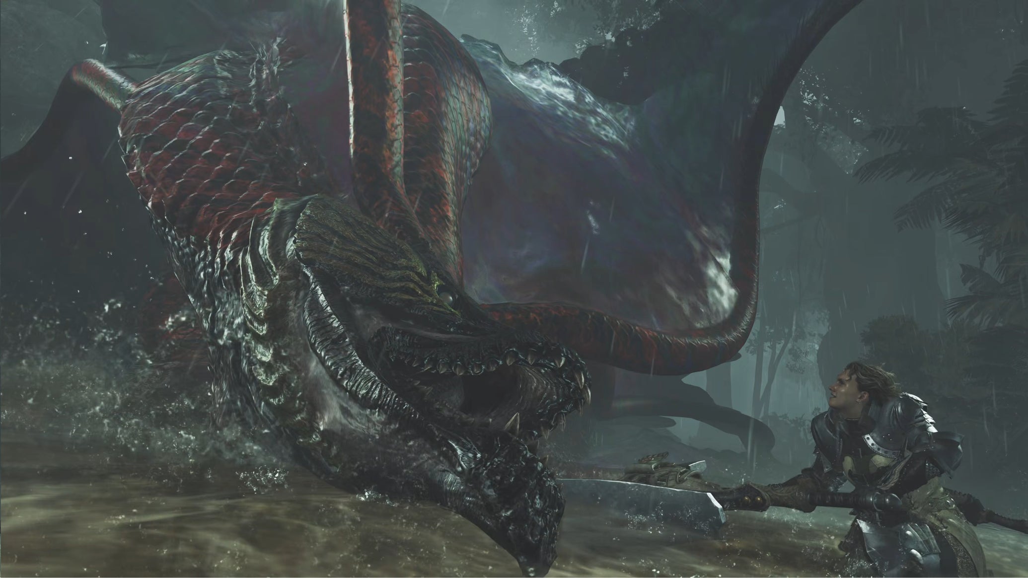 Uth Duna, a large monster in Monster Hunter Wilds, faces off against Olivia, an NPC hunter. - 1