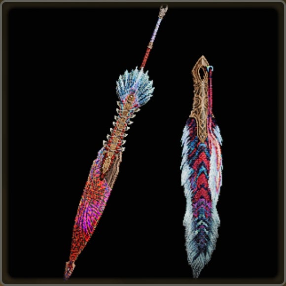 A close-up of a weapon in Monster Hunter Wilds against a black background.