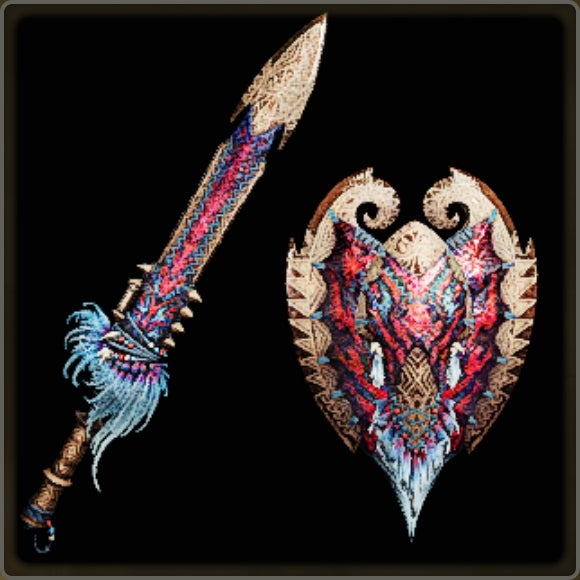 A close-up of a weapon in Monster Hunter Wilds against a black background. - 7