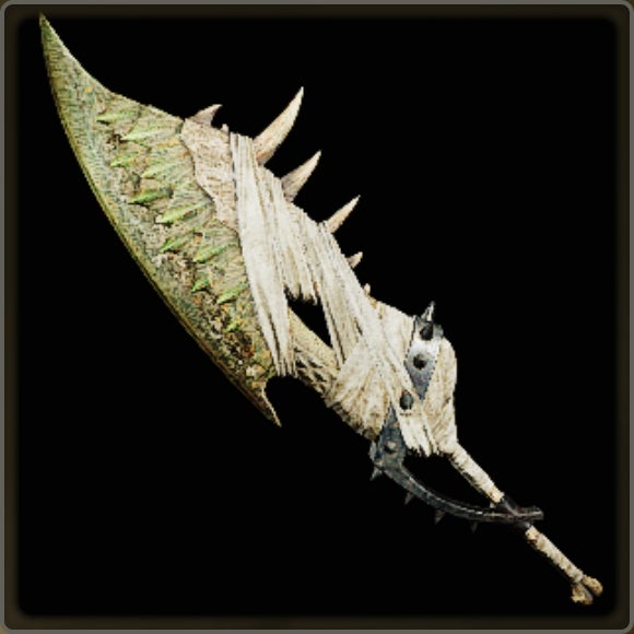 A close-up of a weapon in Monster Hunter Wilds against a black background.