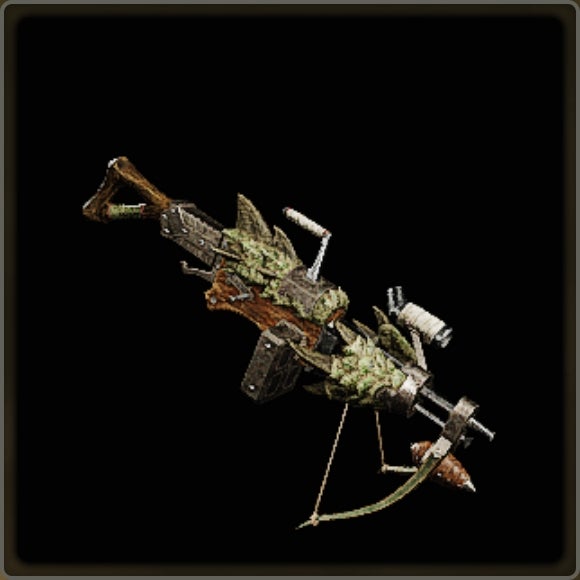 A close-up of a weapon in Monster Hunter Wilds against a black background.