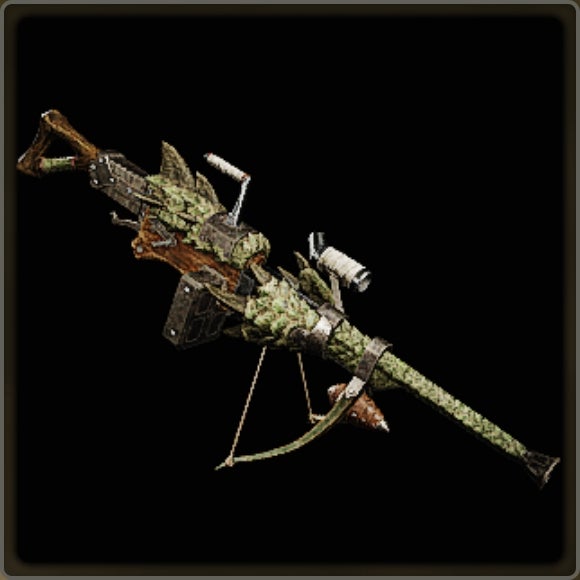A close-up of a weapon in Monster Hunter Wilds against a black background.