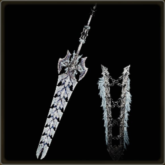 A close-up of a weapon in Monster Hunter Wilds against a black background.