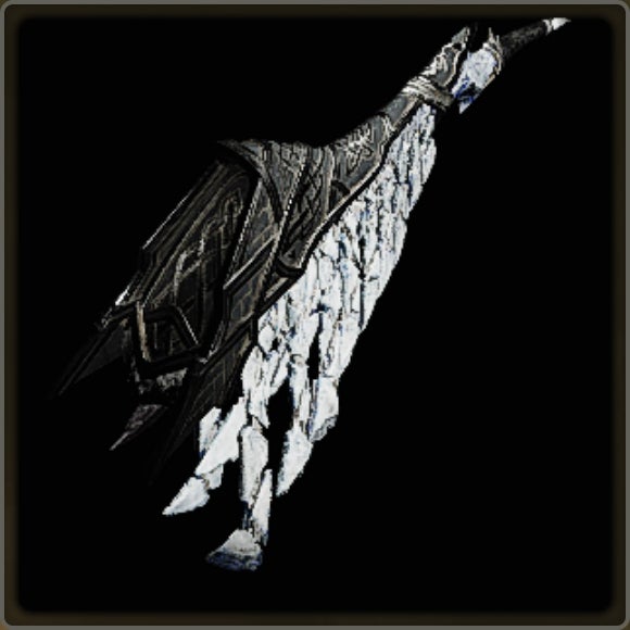 A close-up of a weapon in Monster Hunter Wilds against a black background.