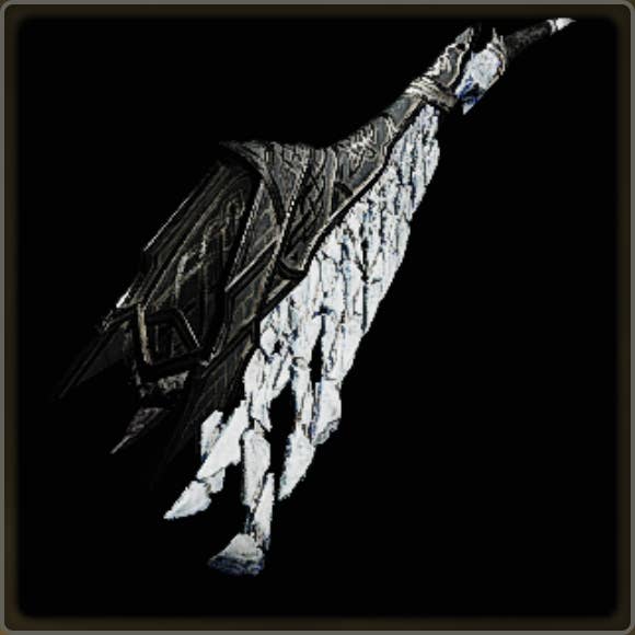 A close-up of a weapon in Monster Hunter Wilds against a black background.
