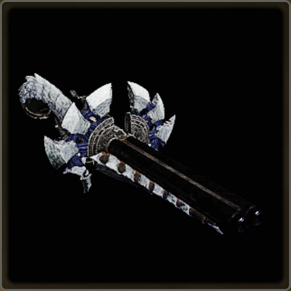 A close-up of a weapon in Monster Hunter Wilds against a black background.