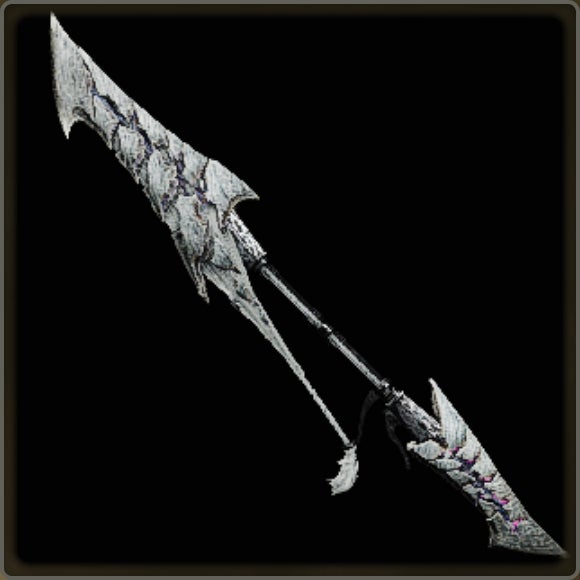 A close-up of a weapon in Monster Hunter Wilds against a black background.