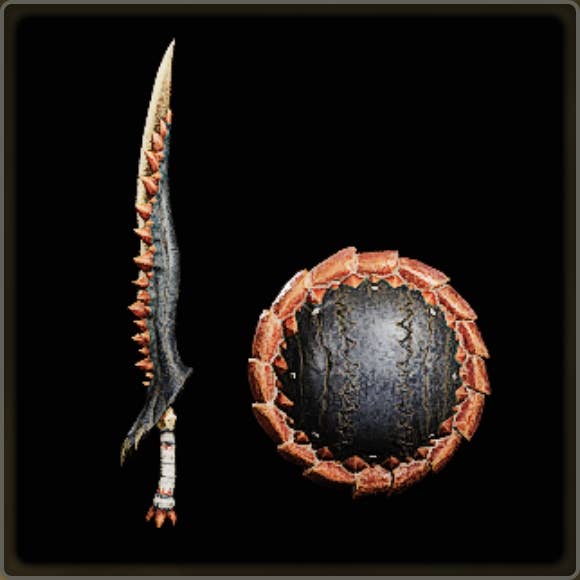 A close-up of a weapon in Monster Hunter Wilds against a black background.