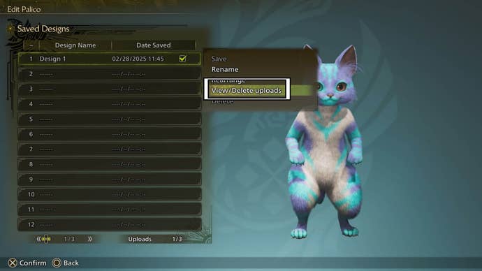 monster hunter wilds view and delete uploads option design menu