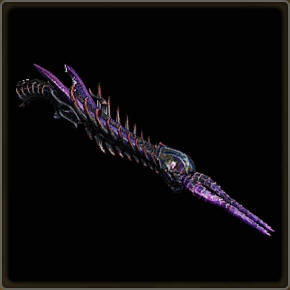 A close-up of a weapon in Monster Hunter Wilds against a black background.