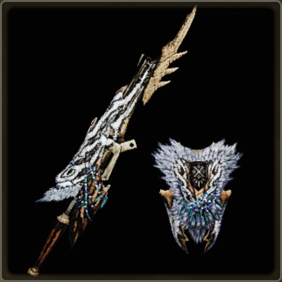 A close-up of a weapon in Monster Hunter Wilds against a black background.