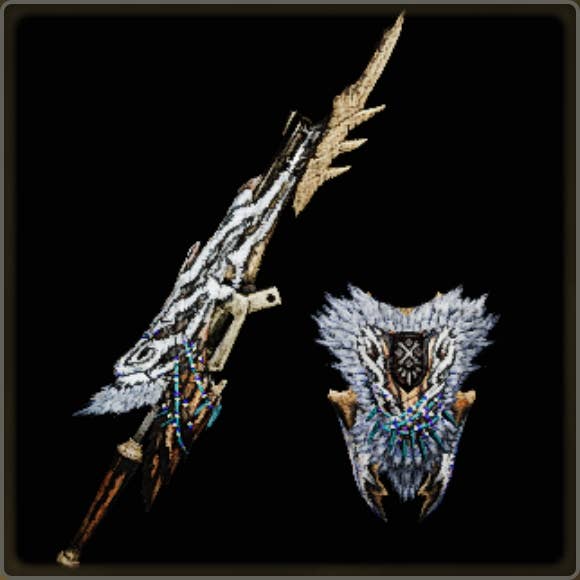 A close-up of a weapon in Monster Hunter Wilds against a black background.