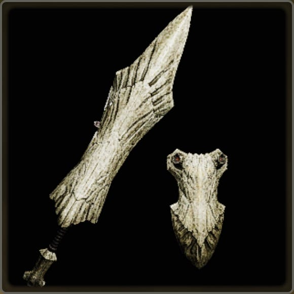 A close-up of a weapon in Monster Hunter Wilds against a black background.