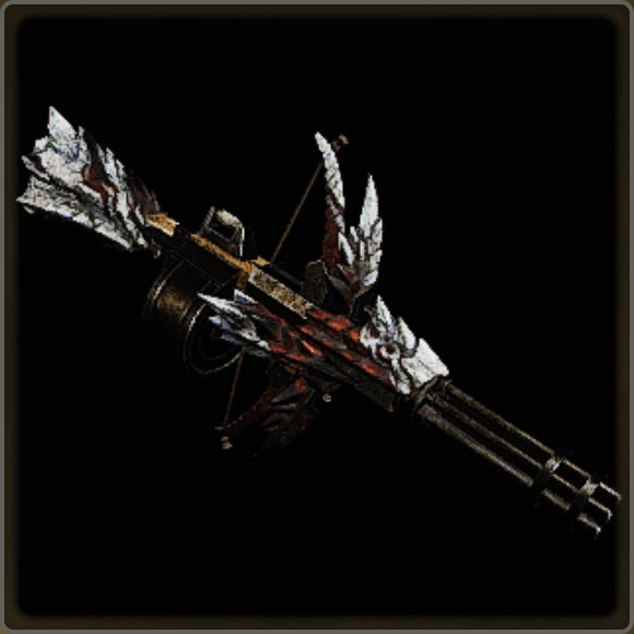 A close-up of a weapon in Monster Hunter Wilds against a black background.