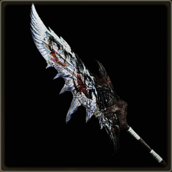 A close-up of a weapon in Monster Hunter Wilds against a black background.