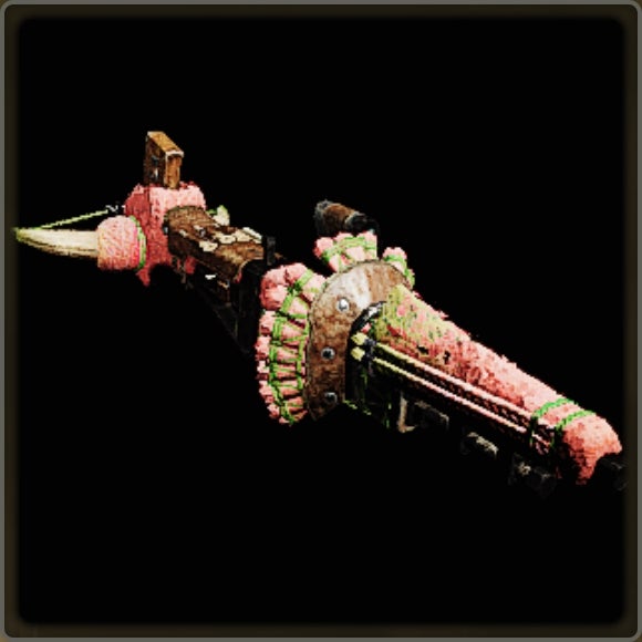 A close-up of a weapon in Monster Hunter Wilds against a black background.