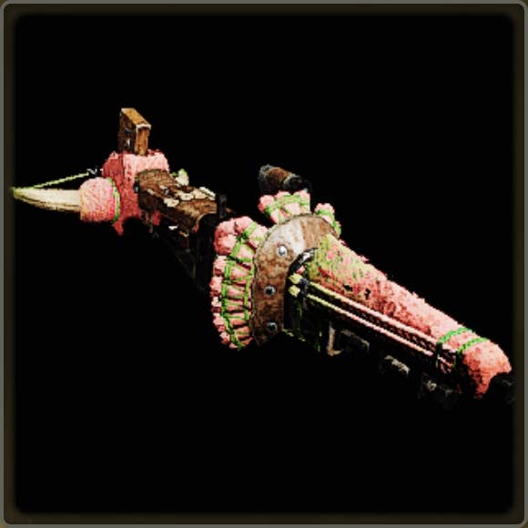 A close-up of a weapon in Monster Hunter Wilds against a black background.