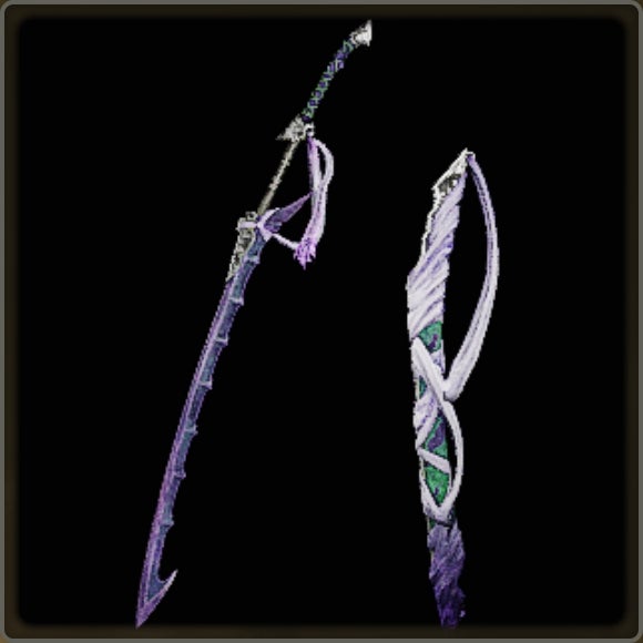 A close-up of a weapon in Monster Hunter Wilds against a black background.