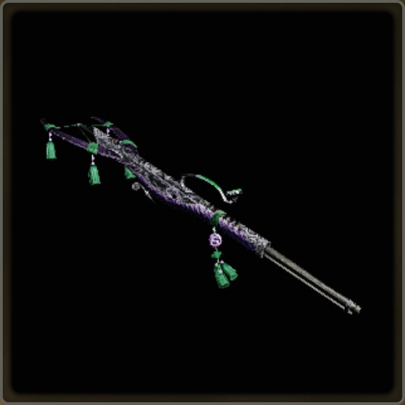 A close-up of a weapon in Monster Hunter Wilds against a black background.
