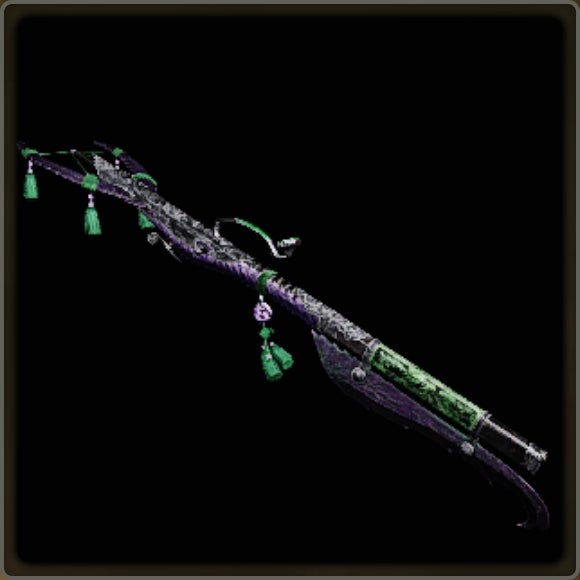 A close-up of a weapon in Monster Hunter Wilds against a black background.