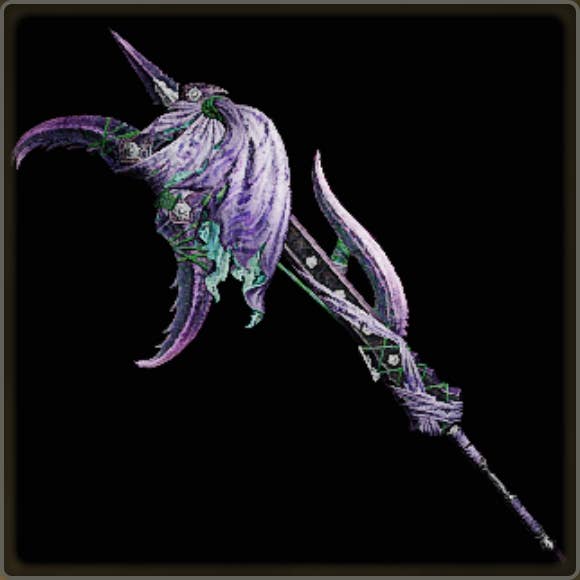 A close-up of a weapon in Monster Hunter Wilds against a black background.