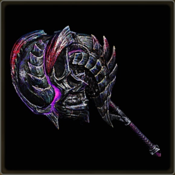 A close-up of a weapon in Monster Hunter Wilds against a black background.