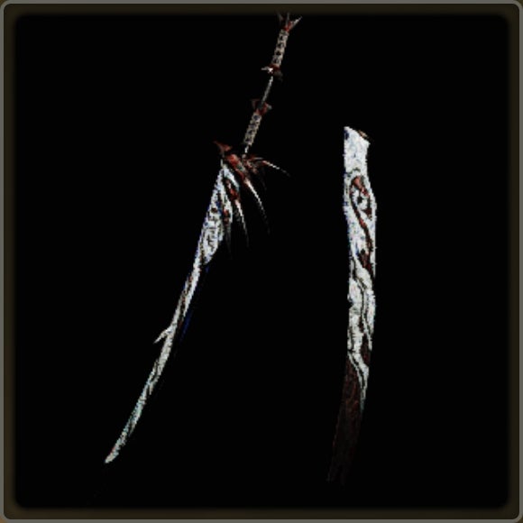 A close-up of a weapon in Monster Hunter Wilds against a black background.