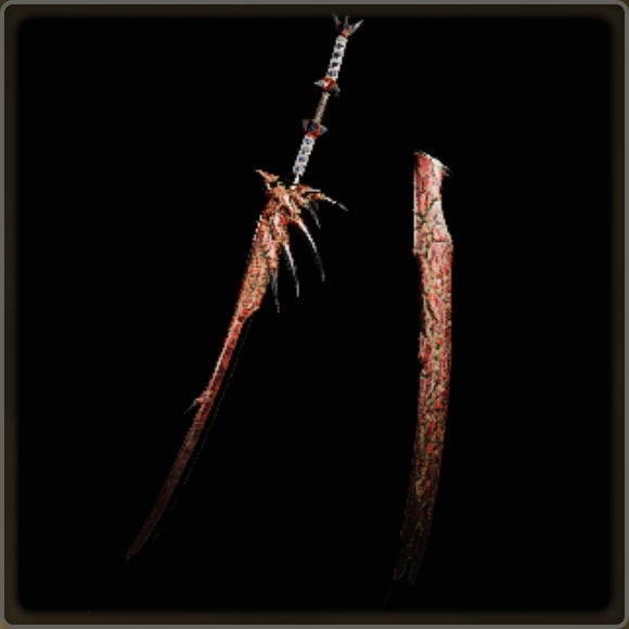 A close-up of a weapon in Monster Hunter Wilds against a black background. - 20