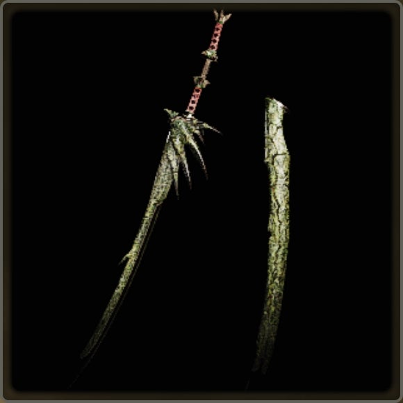 A close-up of a weapon in Monster Hunter Wilds against a black background.