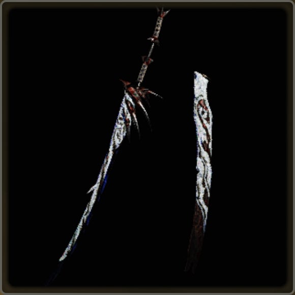 A close-up of a weapon in Monster Hunter Wilds against a black background.