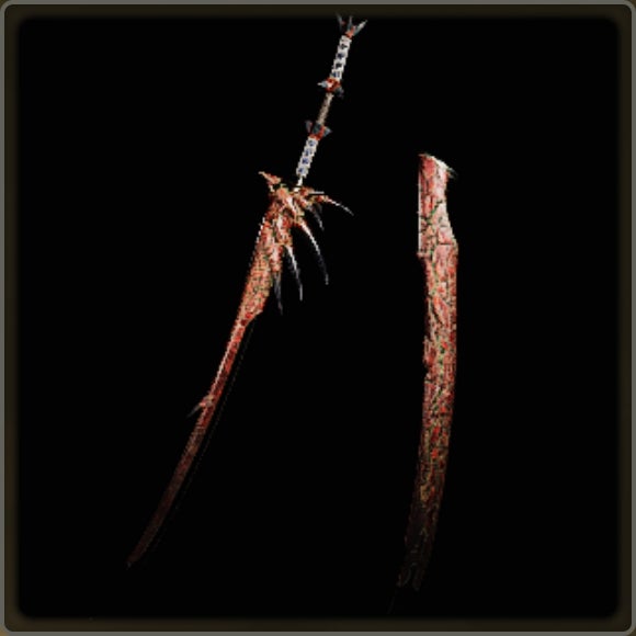 A close-up of a weapon in Monster Hunter Wilds against a black background.