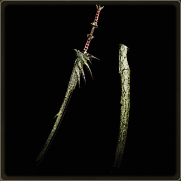 A close-up of a weapon in Monster Hunter Wilds against a black background.