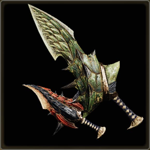 A close-up of a weapon in Monster Hunter Wilds against a black background.
