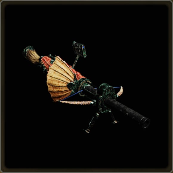 A close-up of a weapon in Monster Hunter Wilds against a black background.