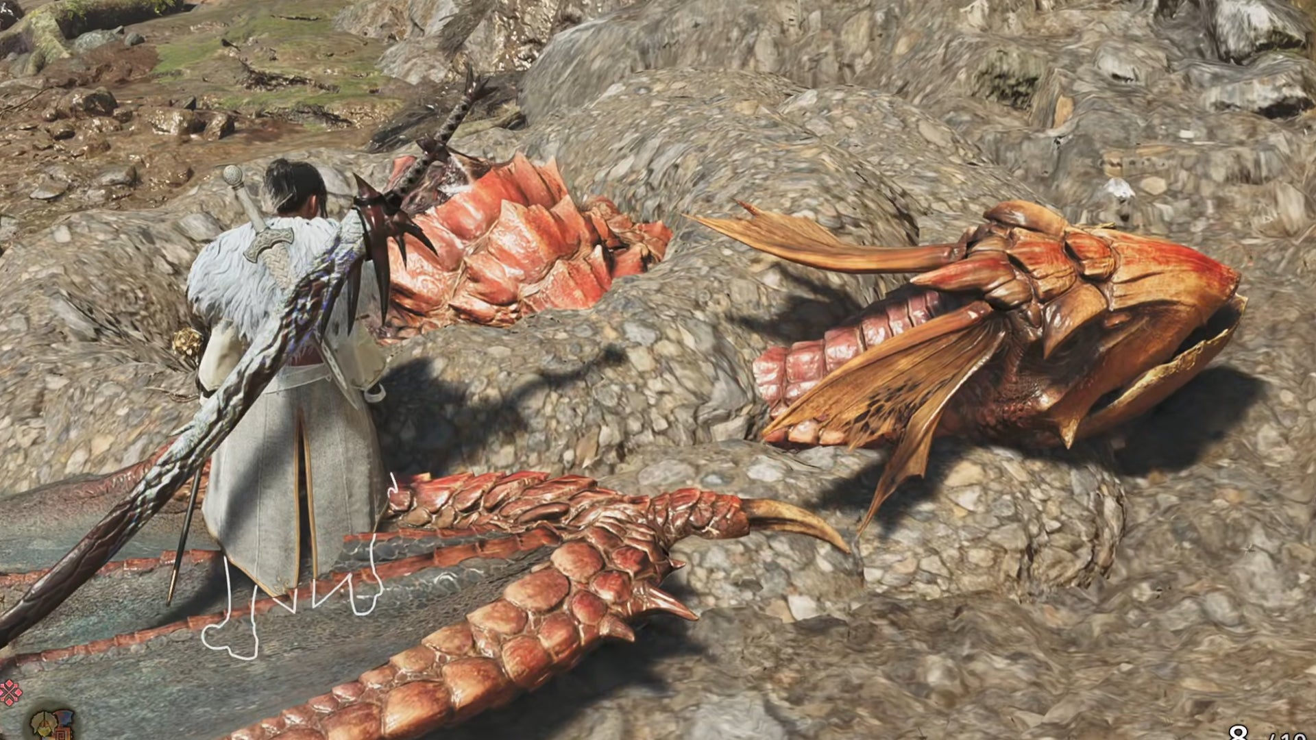 A hunter in Monster Hunter Wilds stands atop the wing of a captured Yian Kut-Ku, semi-immersed in the ground in a Pitfall Trap. - 5